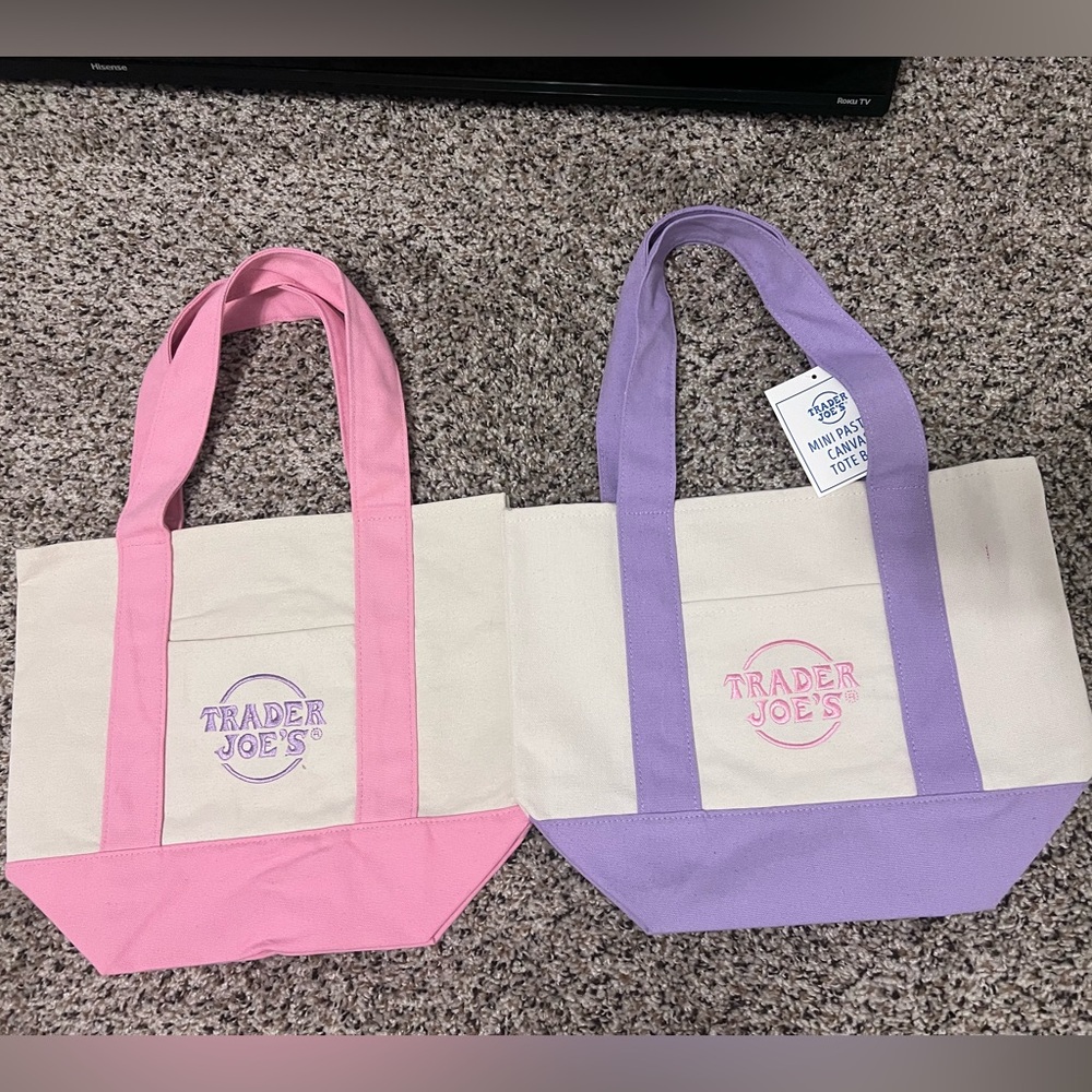 Bundle of 2 Trader Joe's mini tote Pastel pink and purple mini canvas bag
